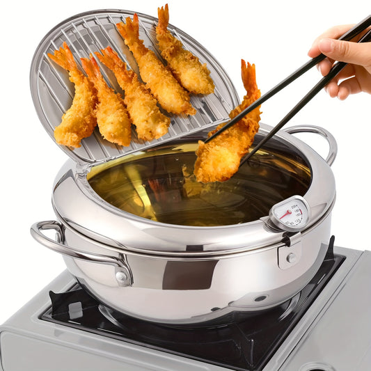 304 Stainless Deep Fryer Pot  With A Thermometer, Compatible With Gas Stove And Induction Cooker