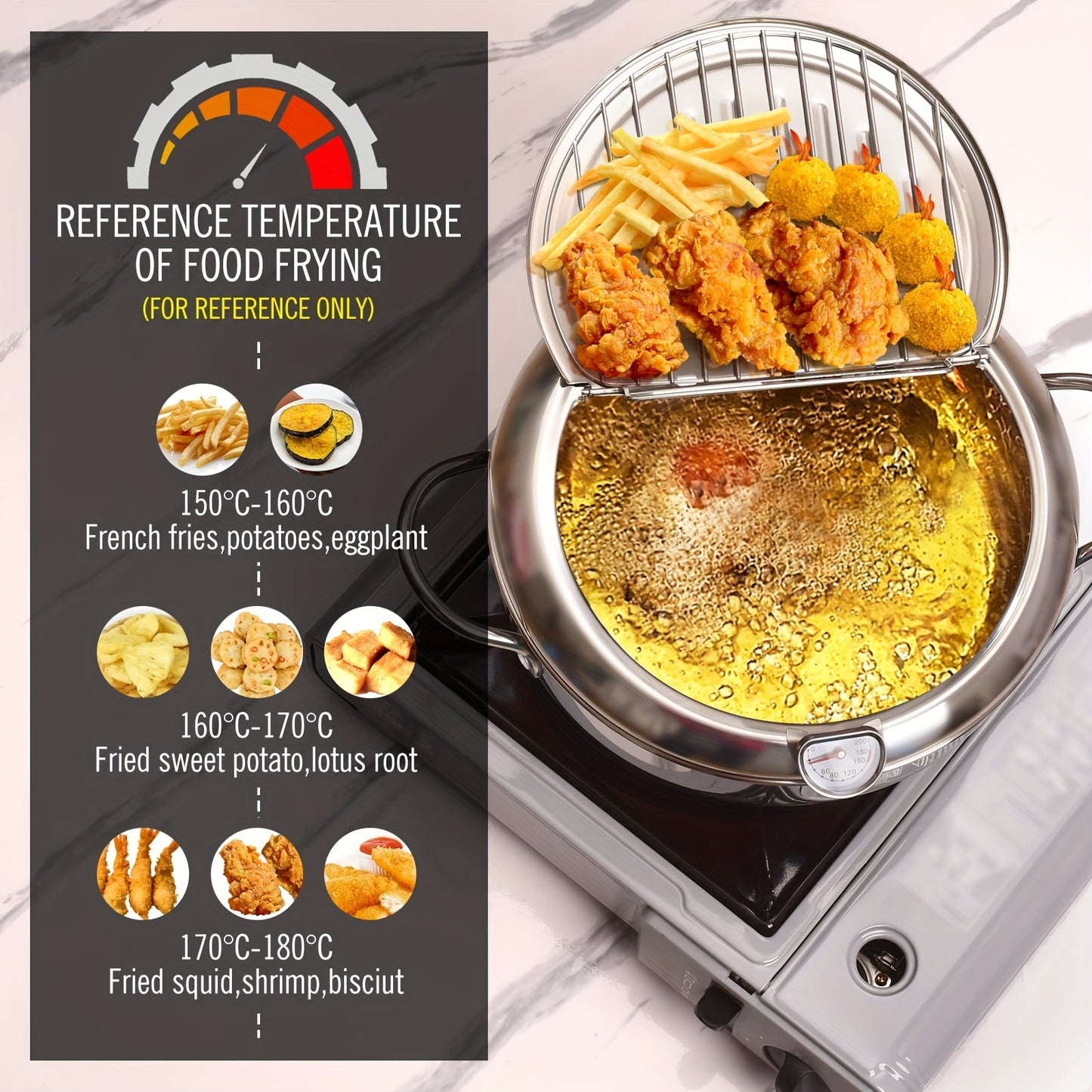 304 Stainless Deep Fryer Pot  With A Thermometer, Compatible With Gas Stove And Induction Cooker