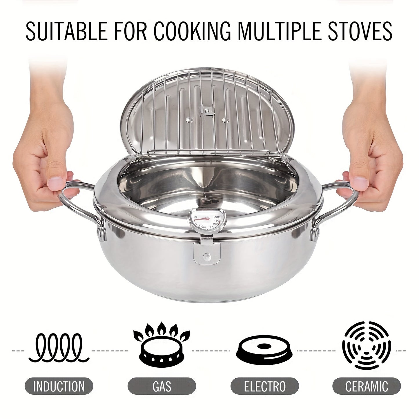 304 Stainless Deep Fryer Pot  With A Thermometer, Compatible With Gas Stove And Induction Cooker