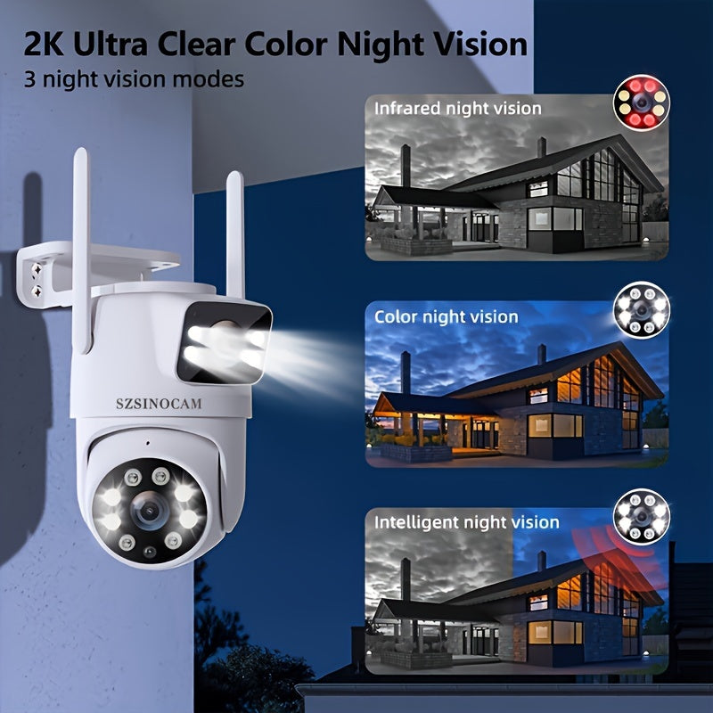 Wireless Outdoor Security Camera - 2K High-Definition Dual Lens, Automatic Rotation, Pan Tilt, Night Vision, Motion Detection, Bidirectional Call, WiFi Security Monitoring