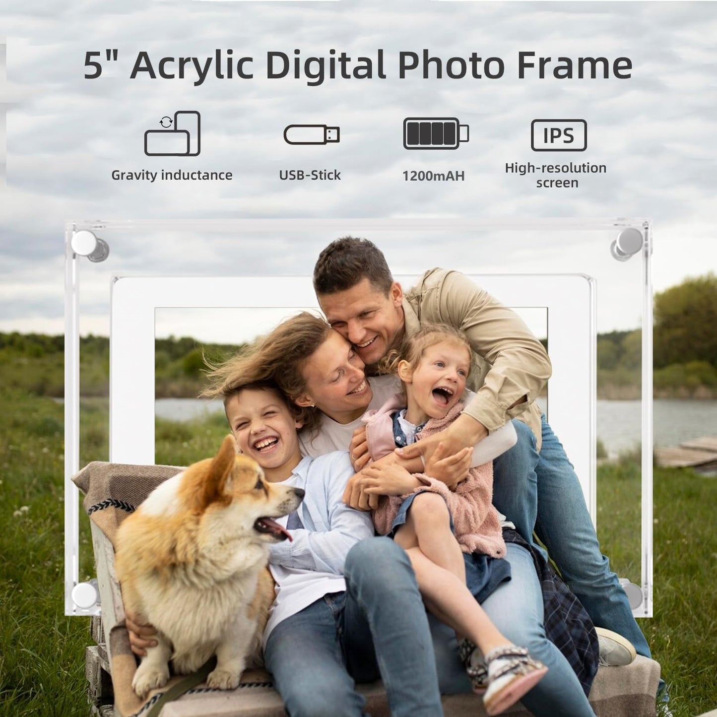 Acrylic 5" Digital Picture & Video Frame with Auto-Rotate, 4GB USB Stick & 1200mAh Battery.