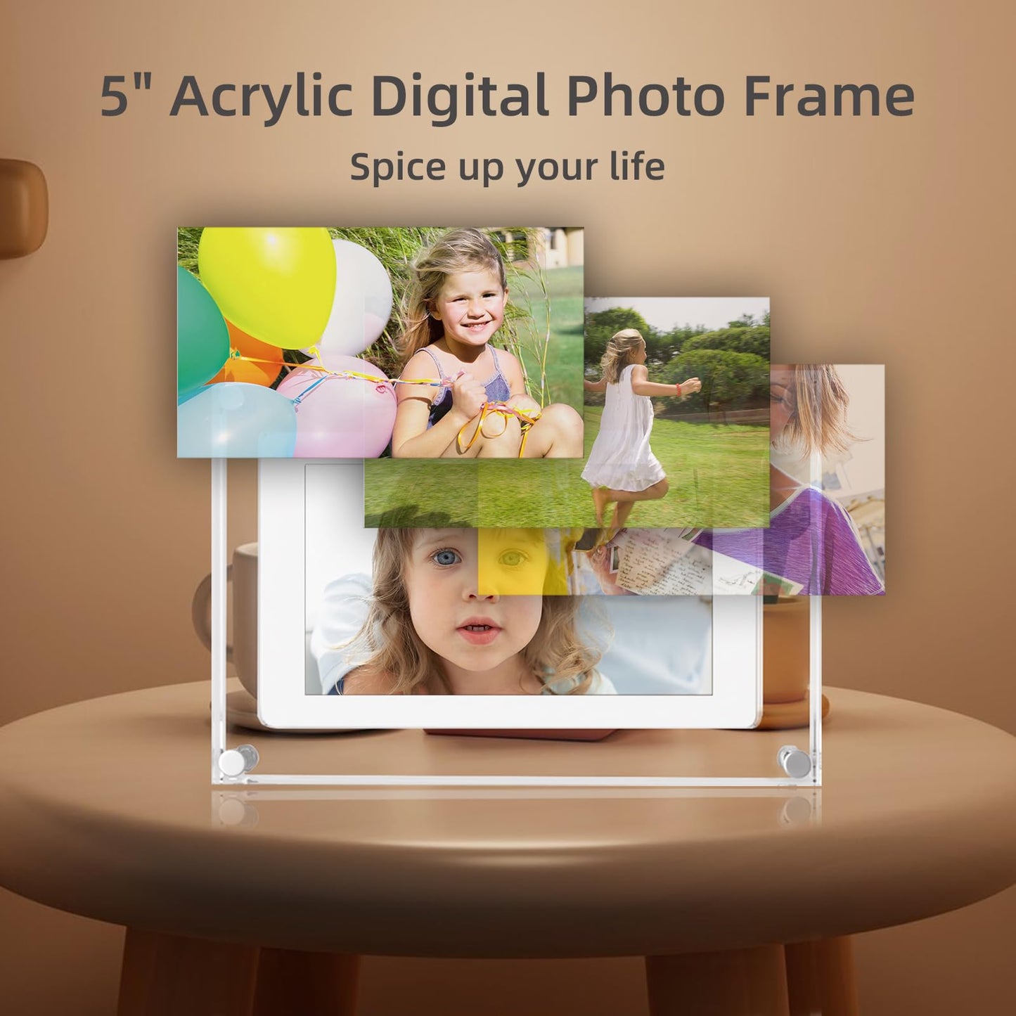 Acrylic 5" Digital Picture & Video Frame with Auto-Rotate, 4GB USB Stick & 1200mAh Battery.