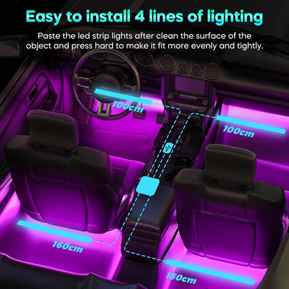 4 Pcs car LED interior lighting set with remote control and app control