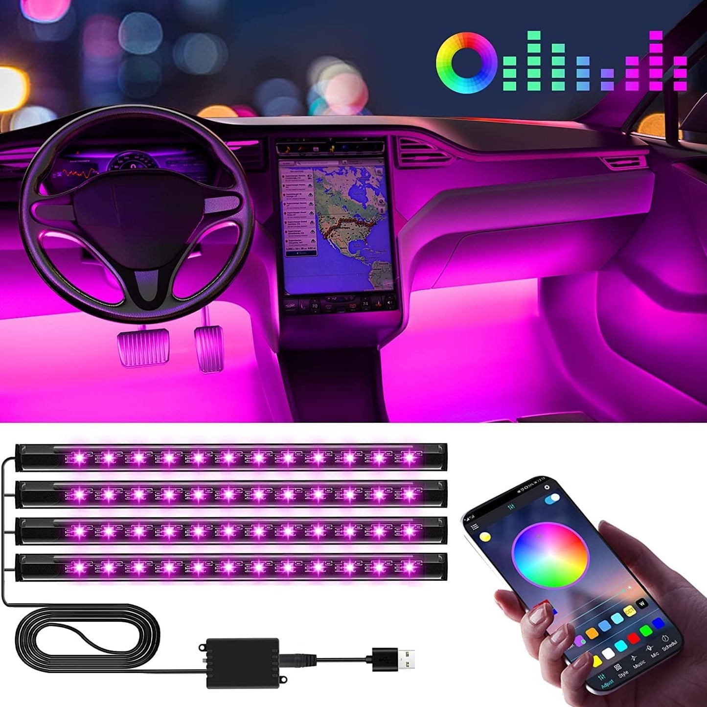 4 Pcs car LED interior lighting set with remote control and app control