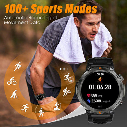 EIGIIS KE3 LED Flashlight Smartwatch for Men - Bluetooth Call, Full Touch, Health Monitor, iOS & Android Compatible