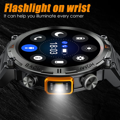 EIGIIS KE3 LED Flashlight Smartwatch for Men - Bluetooth Call, Full Touch, Health Monitor, iOS & Android Compatible