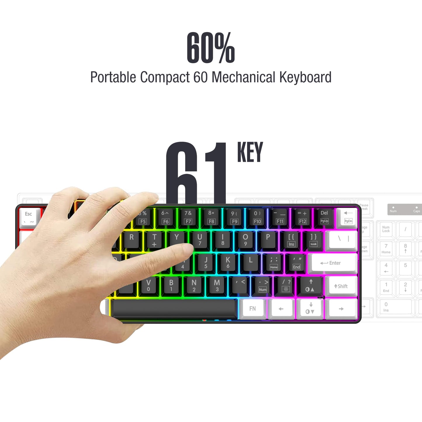 60% Wired RGB Backlit Gaming Keyboard | Compact Portable Design for PC/Mac Gamers & Typists