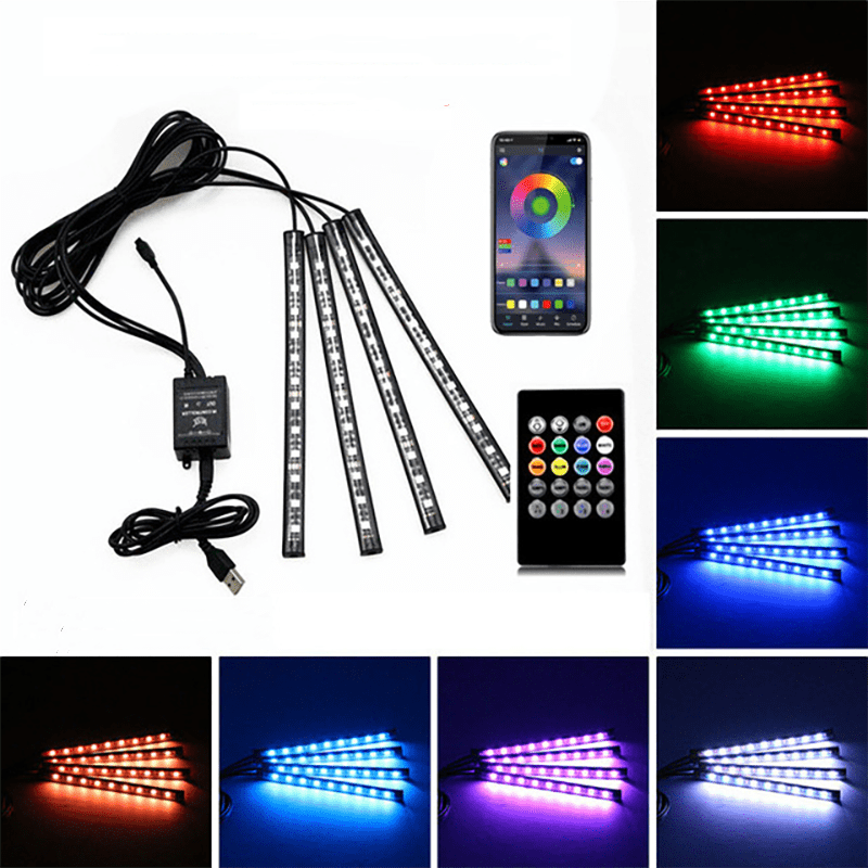 4 Pcs car LED interior lighting set with remote control and app control