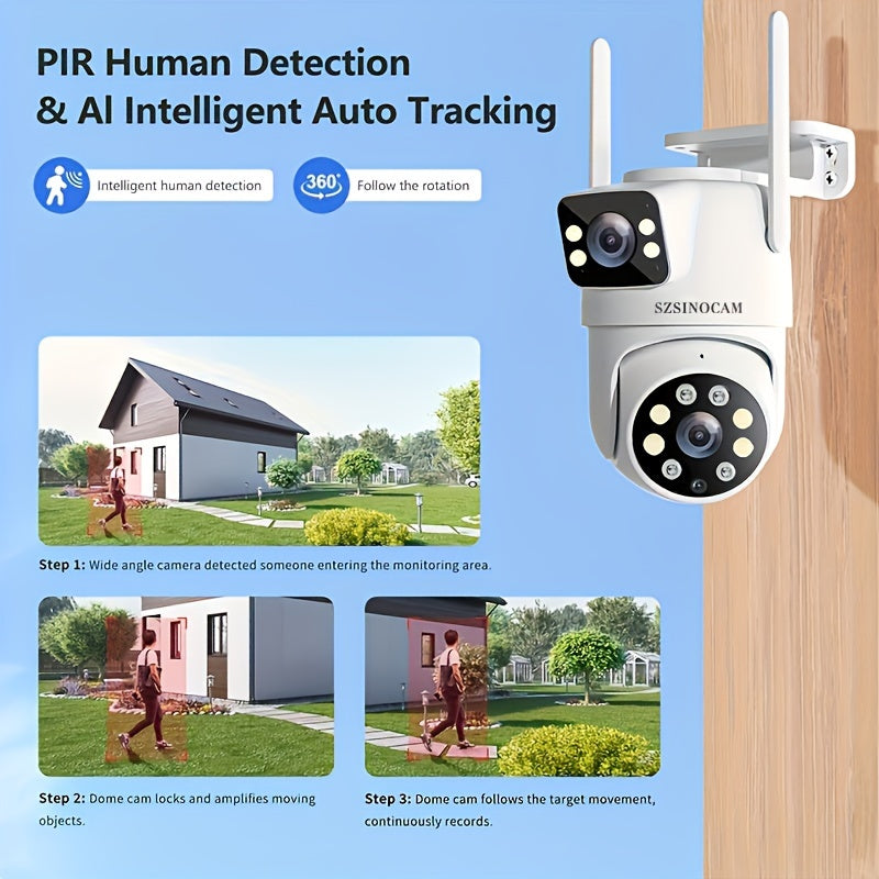 Wireless Outdoor Security Camera - 2K High-Definition Dual Lens, Automatic Rotation, Pan Tilt, Night Vision, Motion Detection, Bidirectional Call, WiFi Security Monitoring